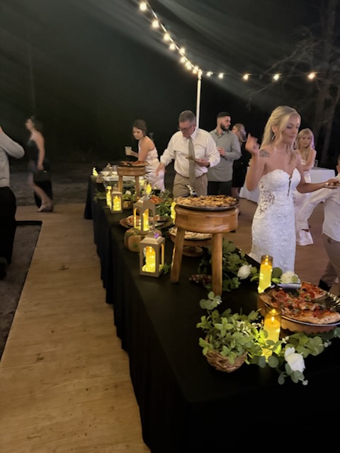 Outdoor wedding pizza reception