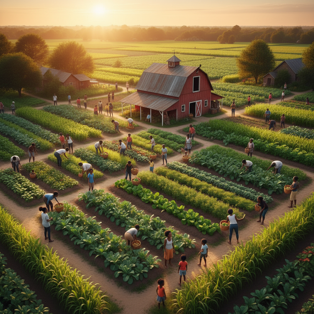 Aerial view of Divine Purpose Farm at golden hour