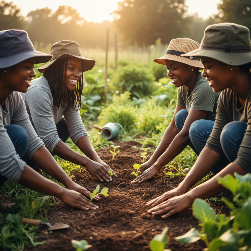 Community members planting together at the farm