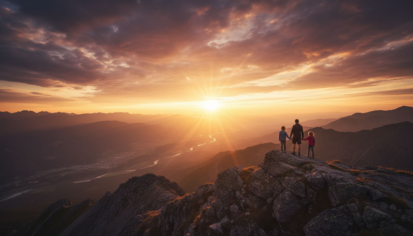 Family adventure at sunset on mountain ridge