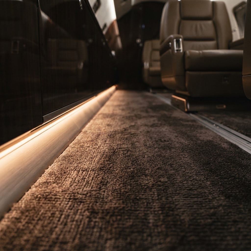 Wool-blend aircraft carpeting with ambient cabin lighting
