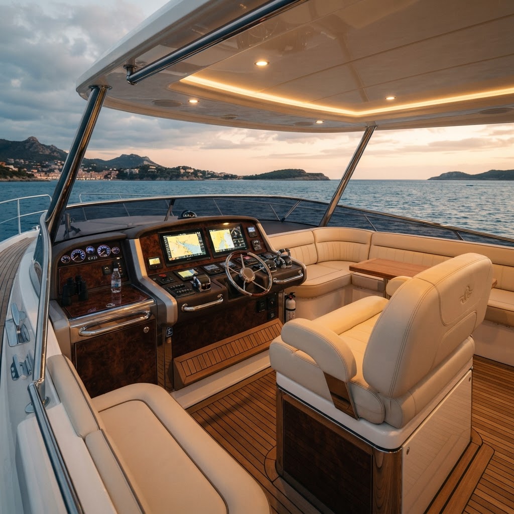 Luxury yacht helm with leather seating and teak accents
