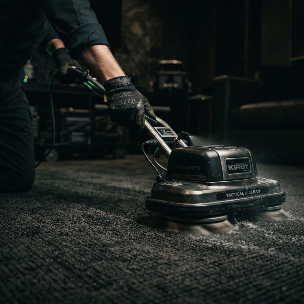 Tactical Carpet Cleaning technician using professional precision cleaning equipment