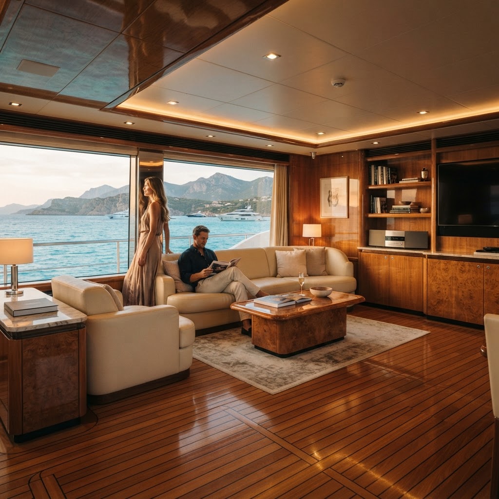 Luxury yacht salon interior with teak flooring and cream leather seating