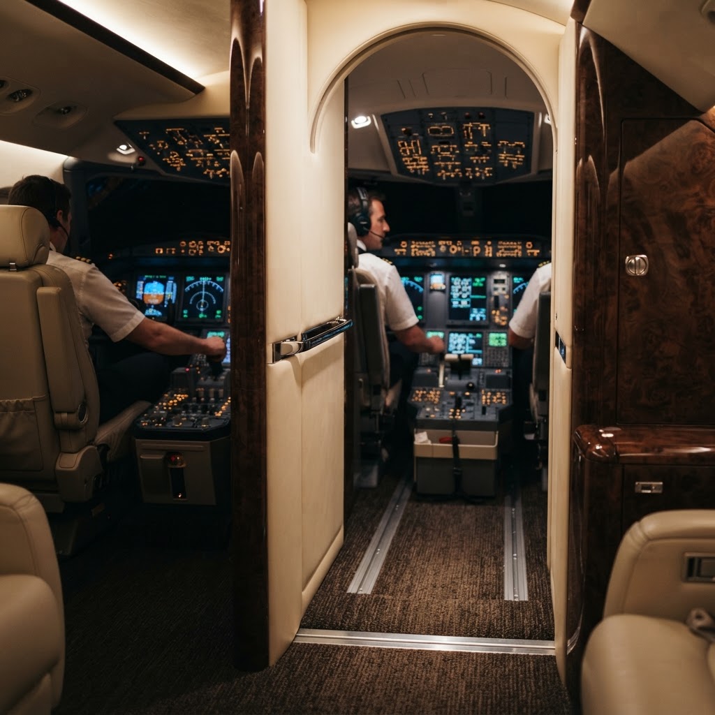 Private jet cockpit entrance with wood finishes