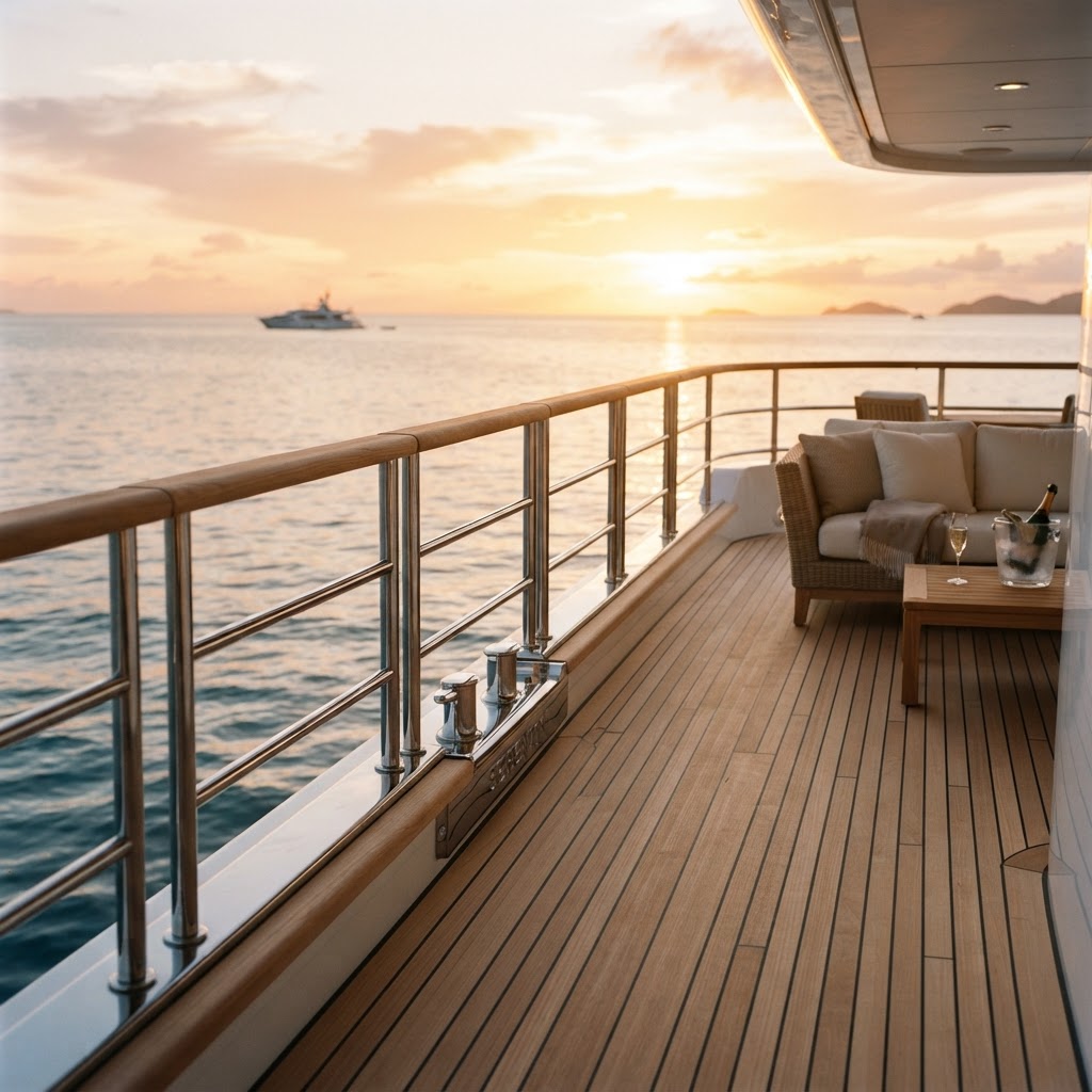 Teak decking with stainless steel railing and ocean backdrop