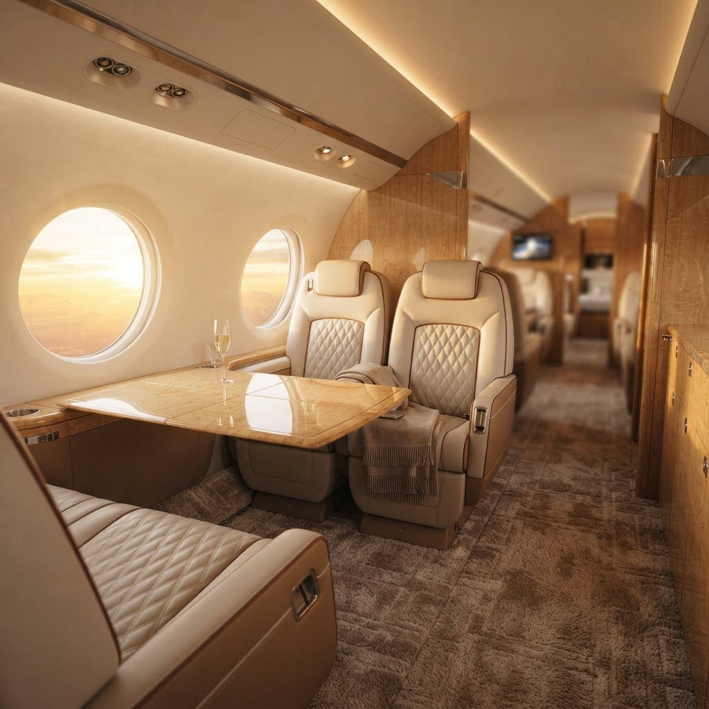 Luxury private jet cabin interior with cream leather seating and wood finishes