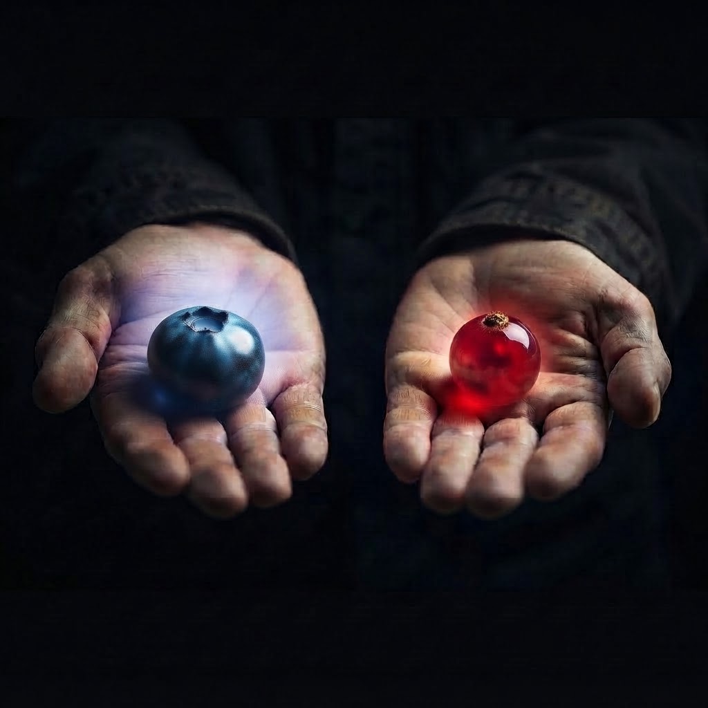Due mani che offrono un mirtillo e un acino di ribes rosso