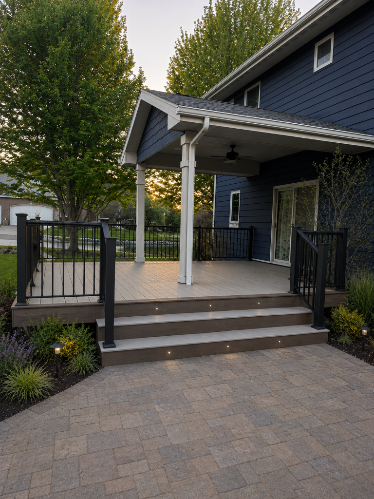 Covered composite deck with black aluminum railings built by deck builder Akin Brothers Construction in Ankeny, Iowa