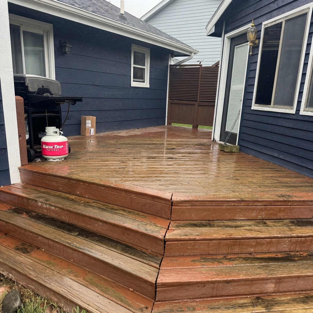 Aged treated wood deck surface showing weathered red-brown coloring before renewal