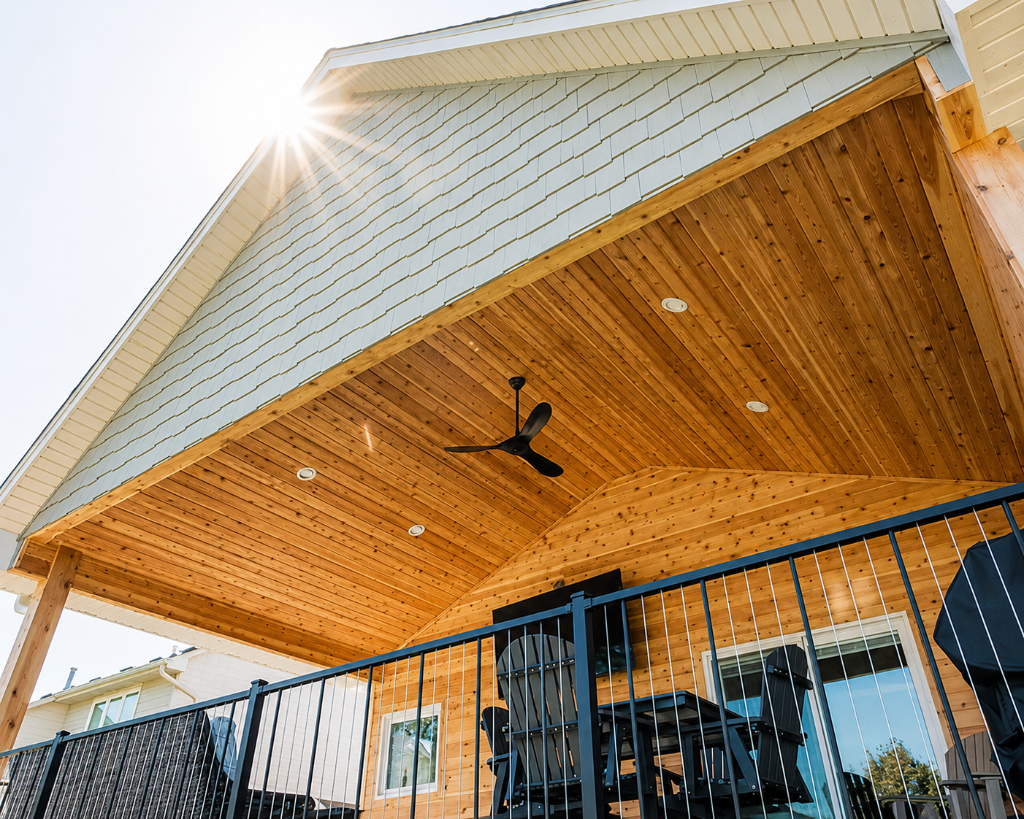 Akin Brothers Construction covered deck with wood ceiling and black railings