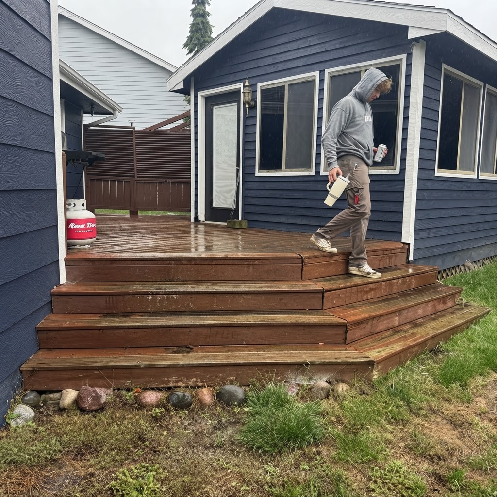 Worn wood decking with deep brown and red tones before resurfacing in Ankeny