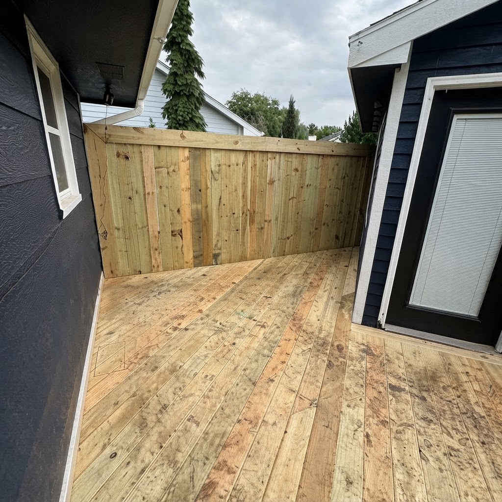 Detail of resurfaced treated wood deck with picture-frame border in Ankeny