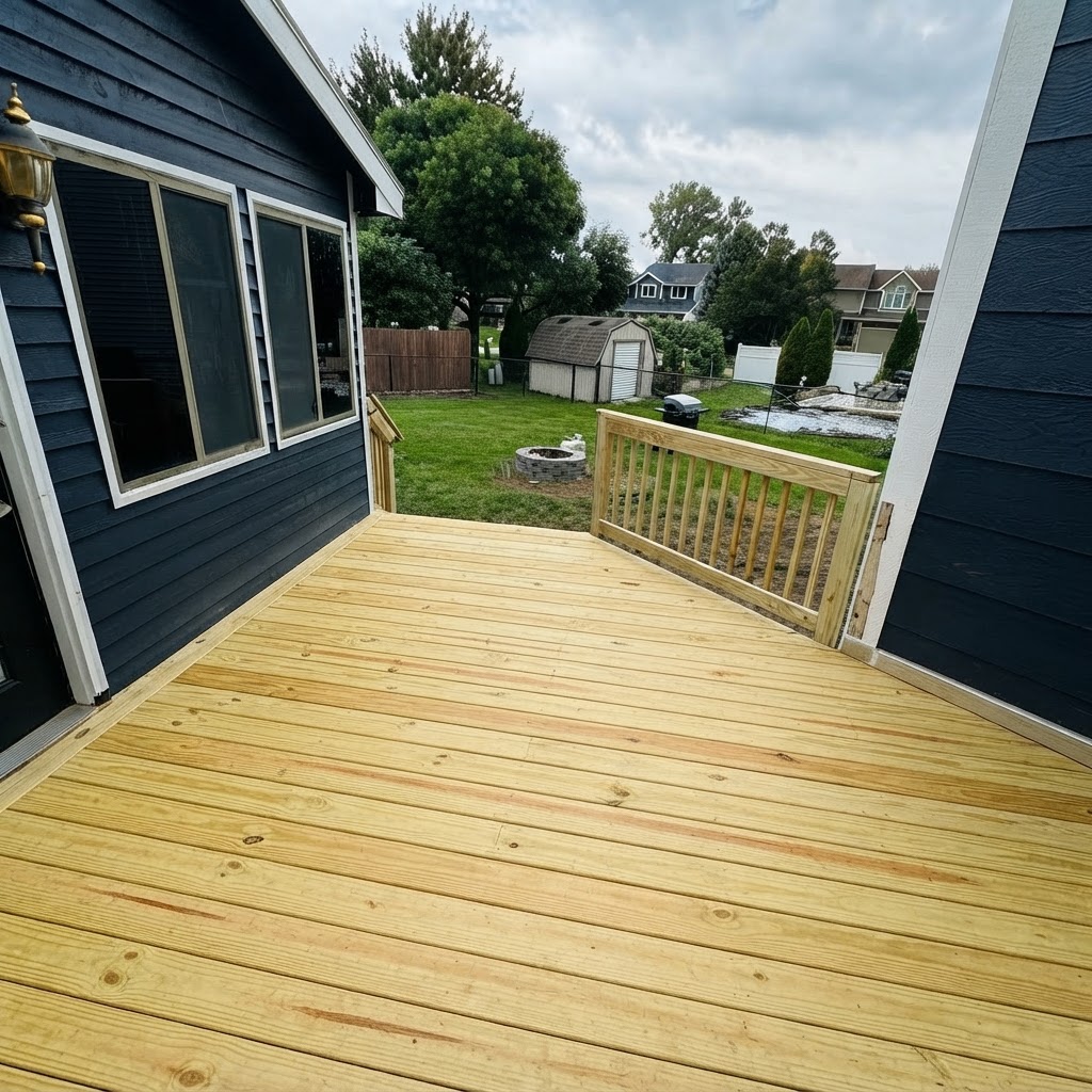 Finished treated wood deck resurfacing in Ankeny with lighter new decking