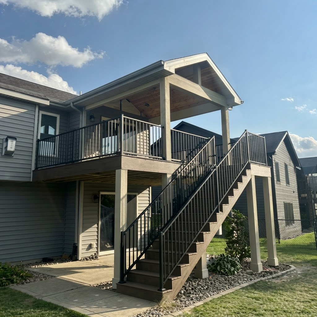 Covered composite deck with black aluminum railings and wood ceiling built by deck builder Akin Brothers Construction in Ankeny, Iowa