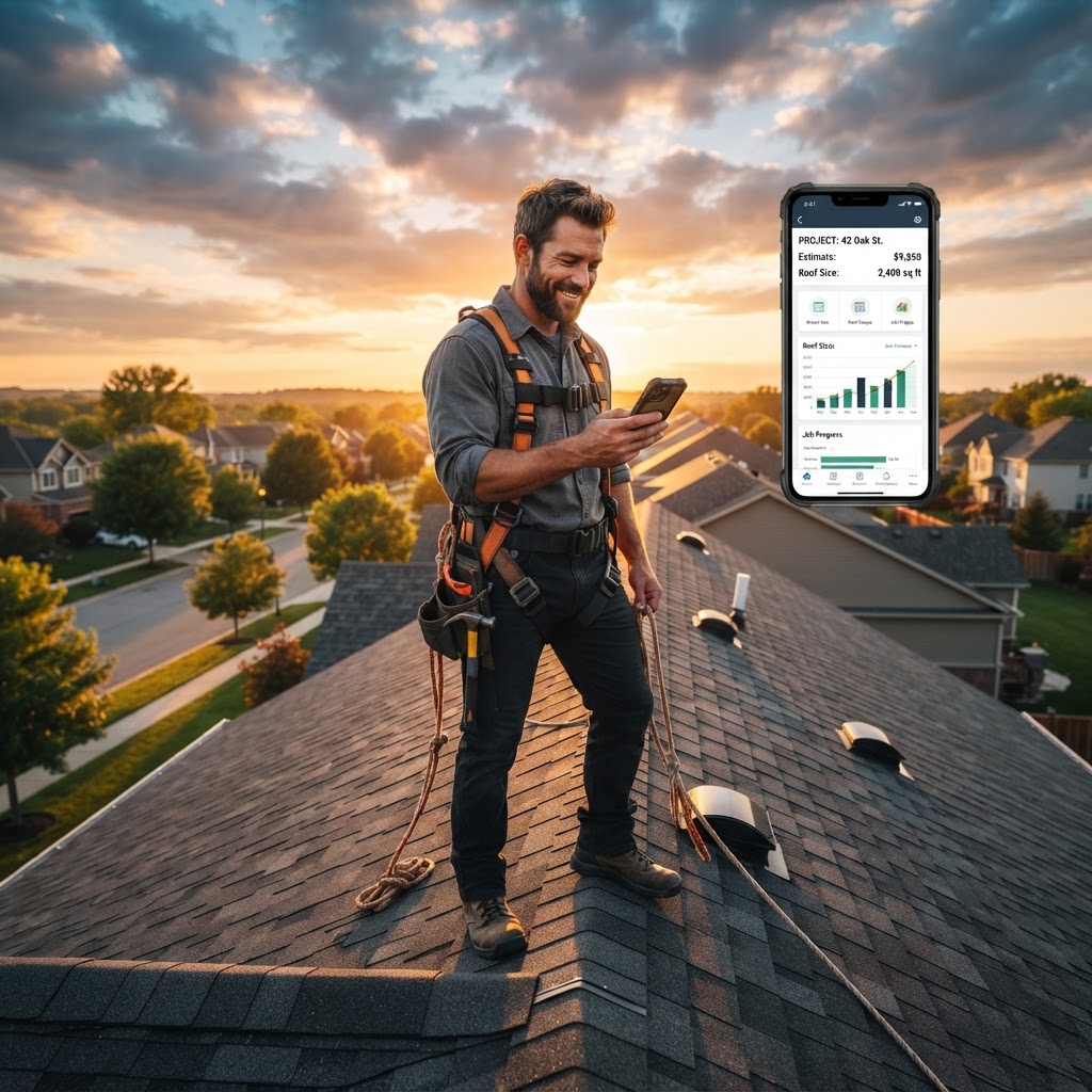 Roofer on a roof checking his phone at golden hour