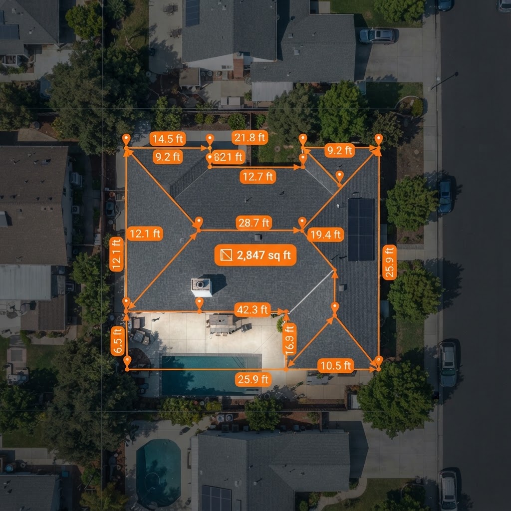 Satellite roof measurement with area, pitch, and edge annotations