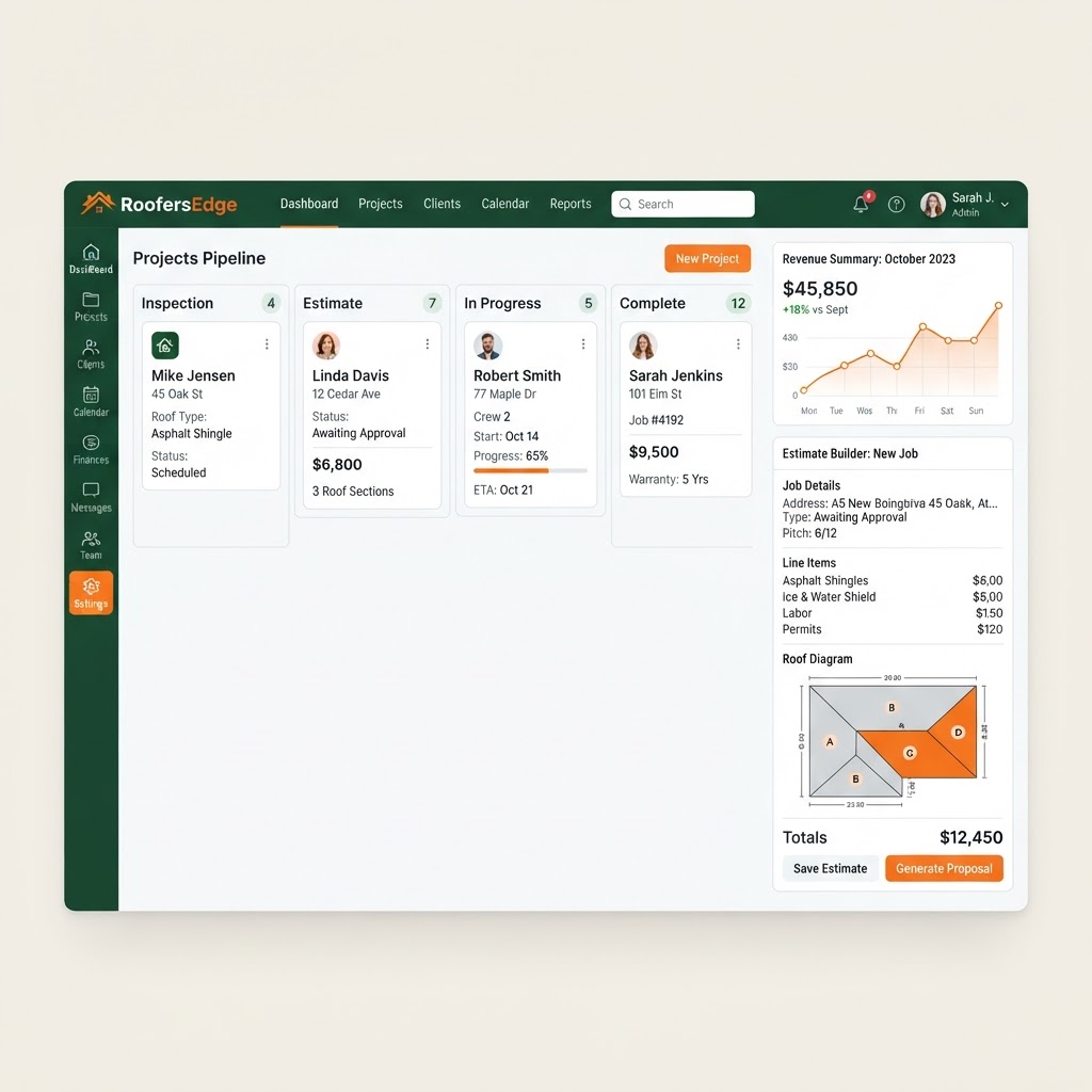 RoofersEdge dashboard showing projects, leads, and revenue