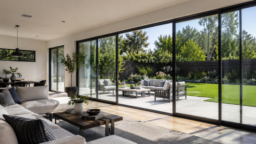 Modern living room with large glass sliding doors