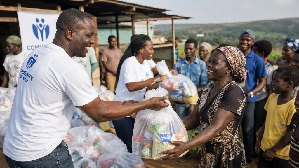 Community support volunteers sharing supplies with members