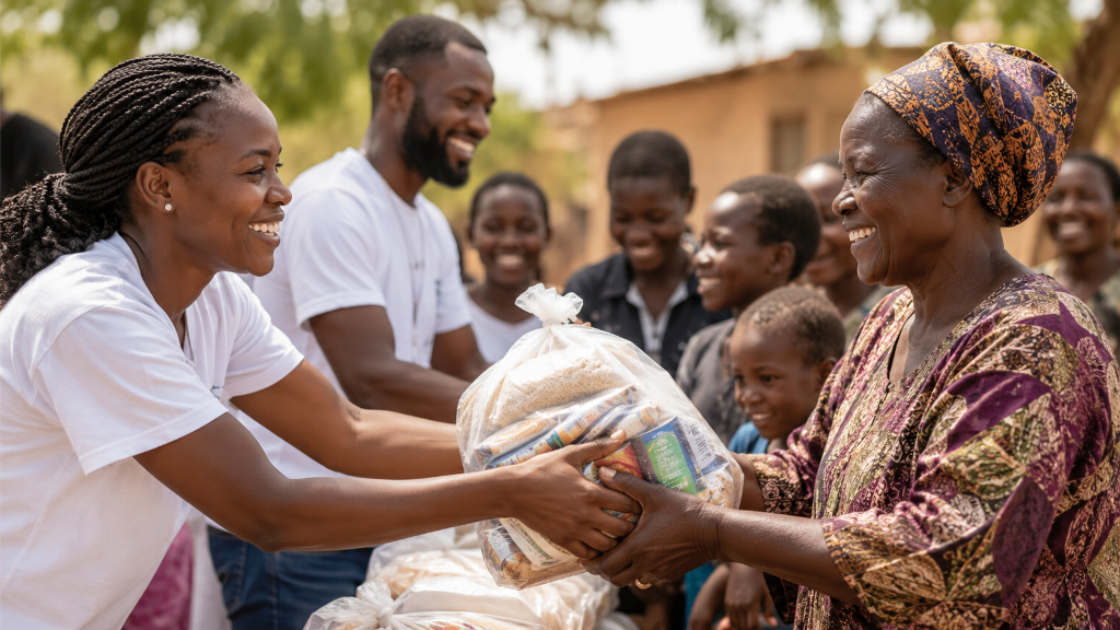 Volunteers providing welfare assistance to a community elder