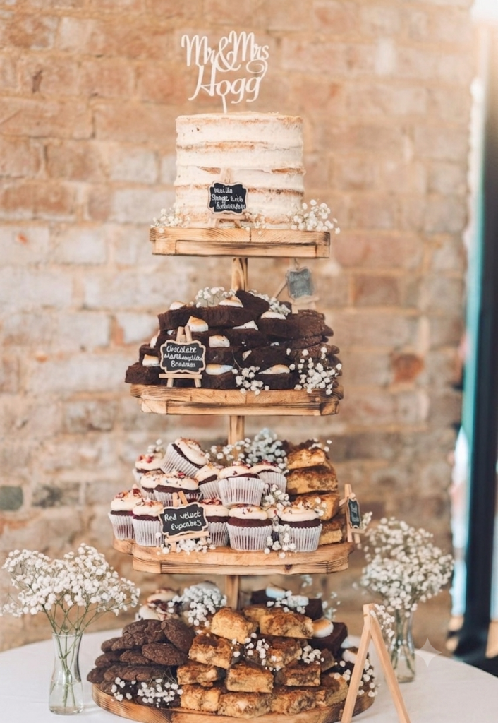 Tiered dessert tower with Mr & Mrs Hogg topper