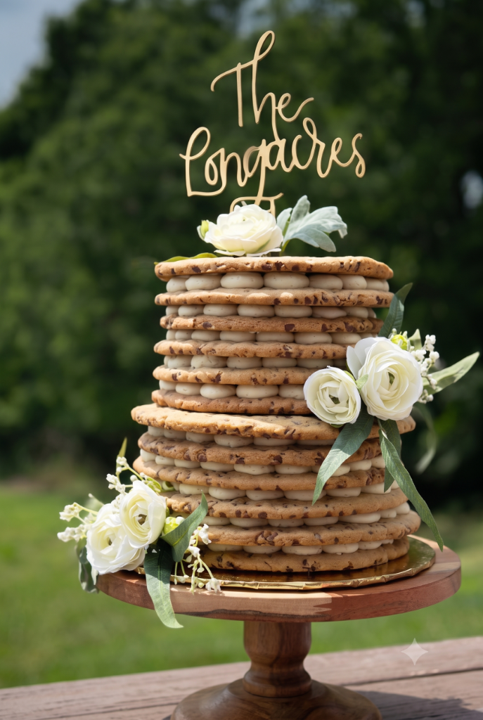 Cookie tower with The Longacres gold topper