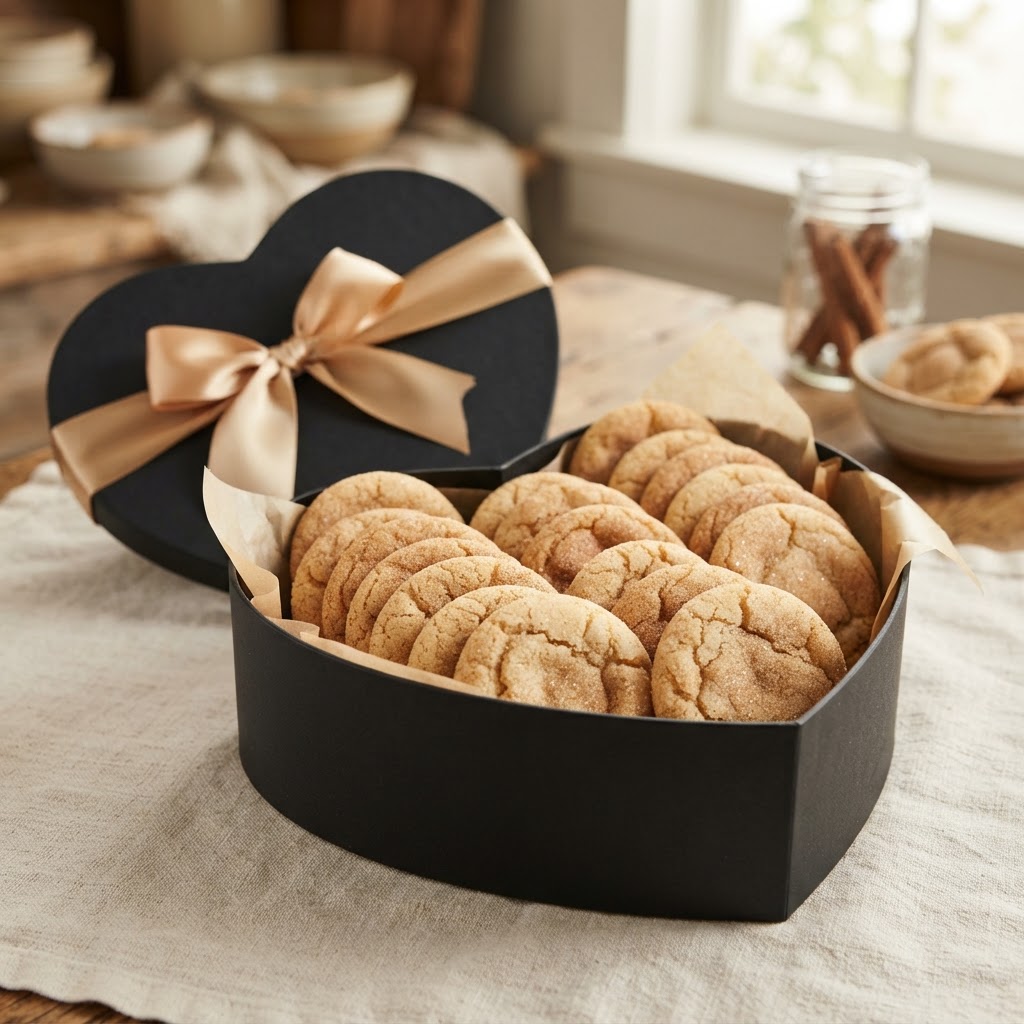 Heart-shaped dessert box with snickerdoodle cookies, gold ribbon