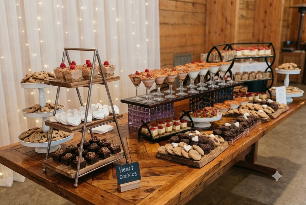 Dessert display with fairy lights backdrop