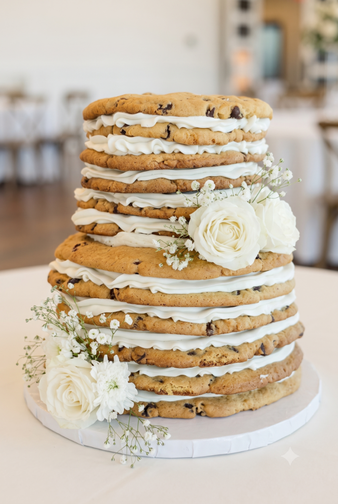 Multi-layered cookie cake with fresh flowers