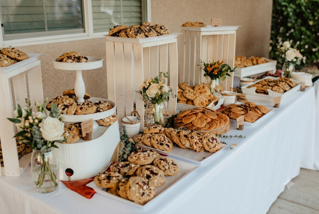Buffet-style dessert display with tiered stands