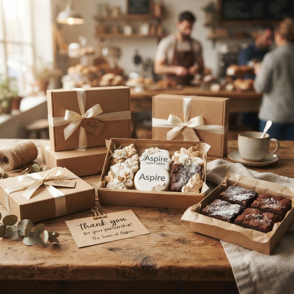 Corporate gift boxes filled with gourmet cookies and brownies