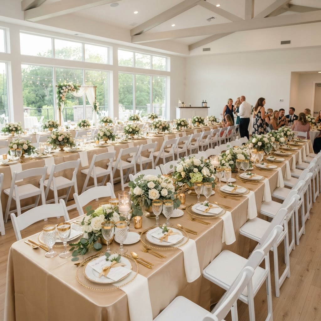 Elegant reception with white chairs, gold chargers, and satin linens