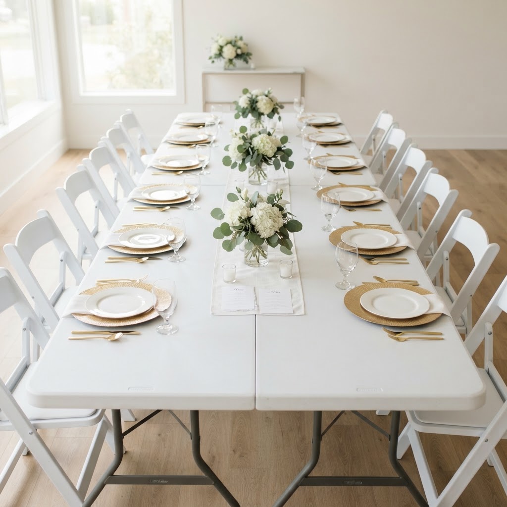 Elegant table setting with white chairs and gold charger plates