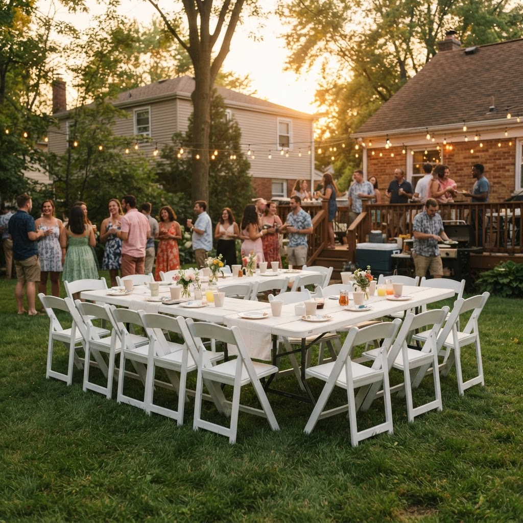 Backyard party with white chairs and tables set up at golden hour