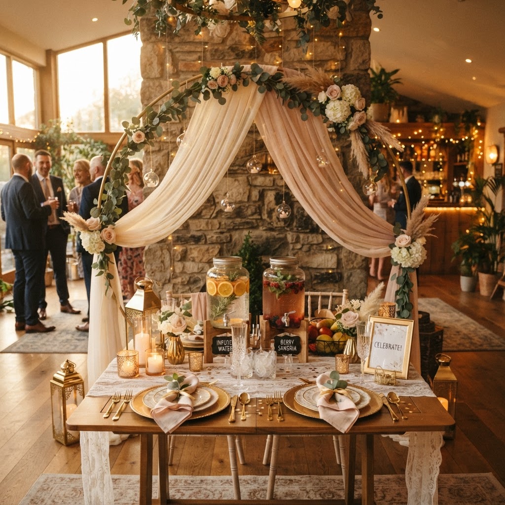 Gold circle arch backdrop with charger plates and drink dispensers at an intimate party