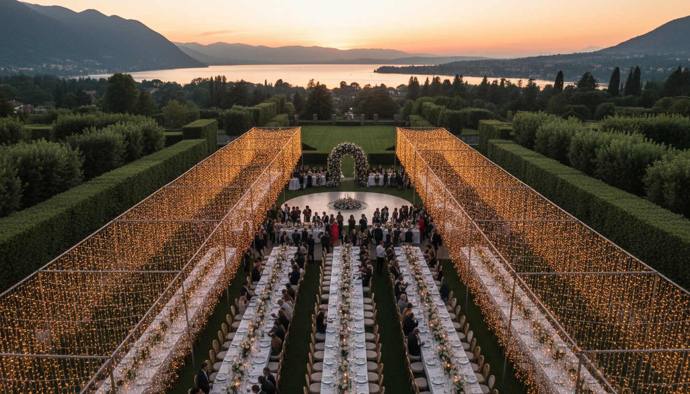 Aerial view of a stunning outdoor luxury event at sunset