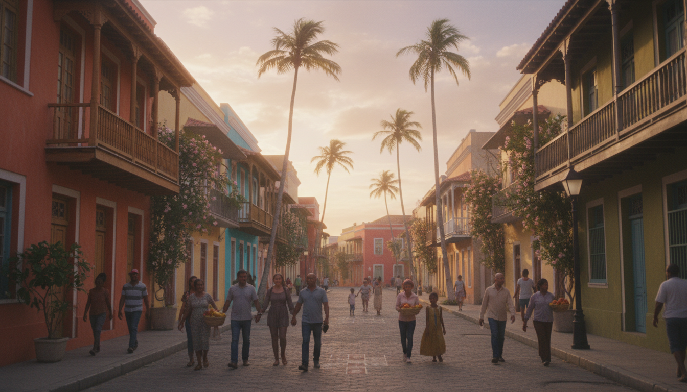 Vibrant Haitian community neighborhood at sunset