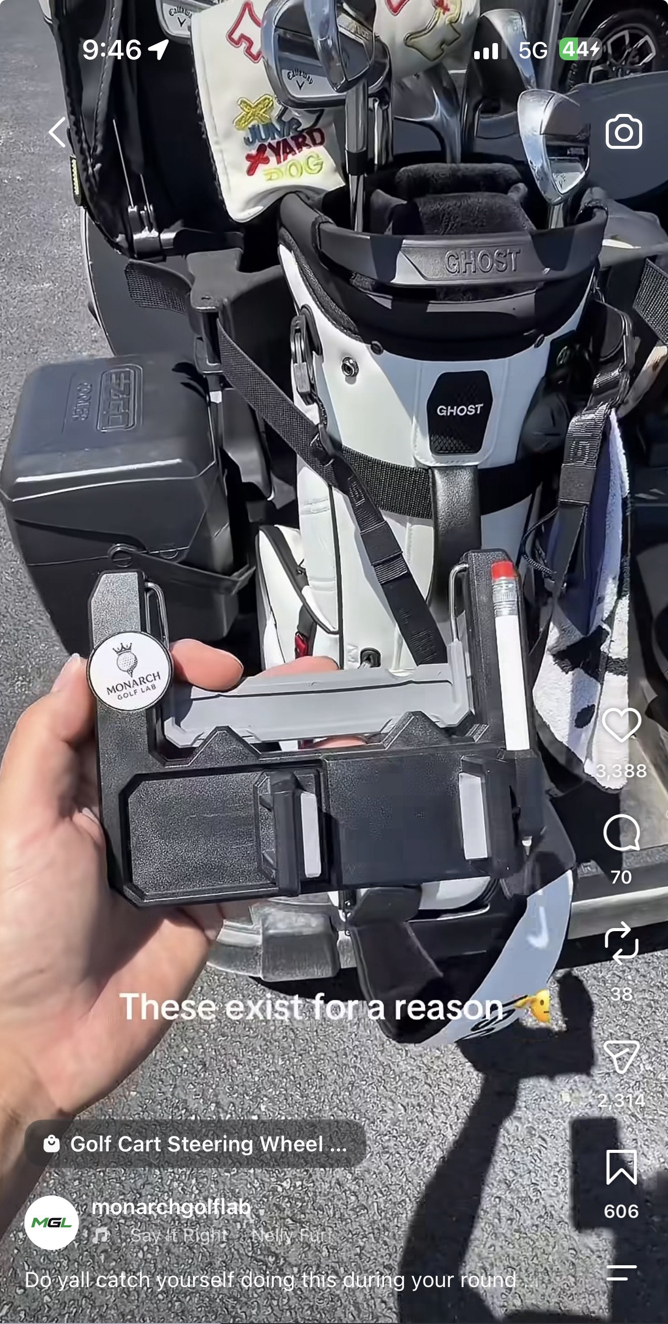 Social post showing the Monarch Golf Lab steering wheel mount