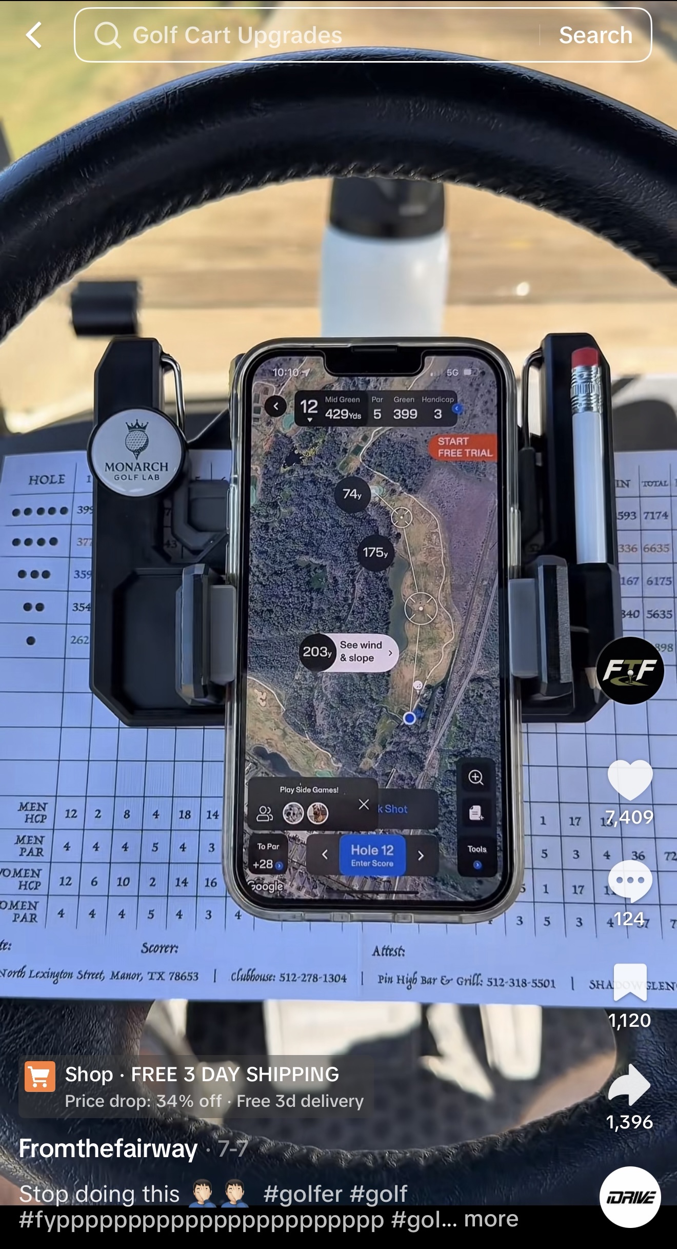 Social post showing the Monarch Golf Lab steering wheel mount