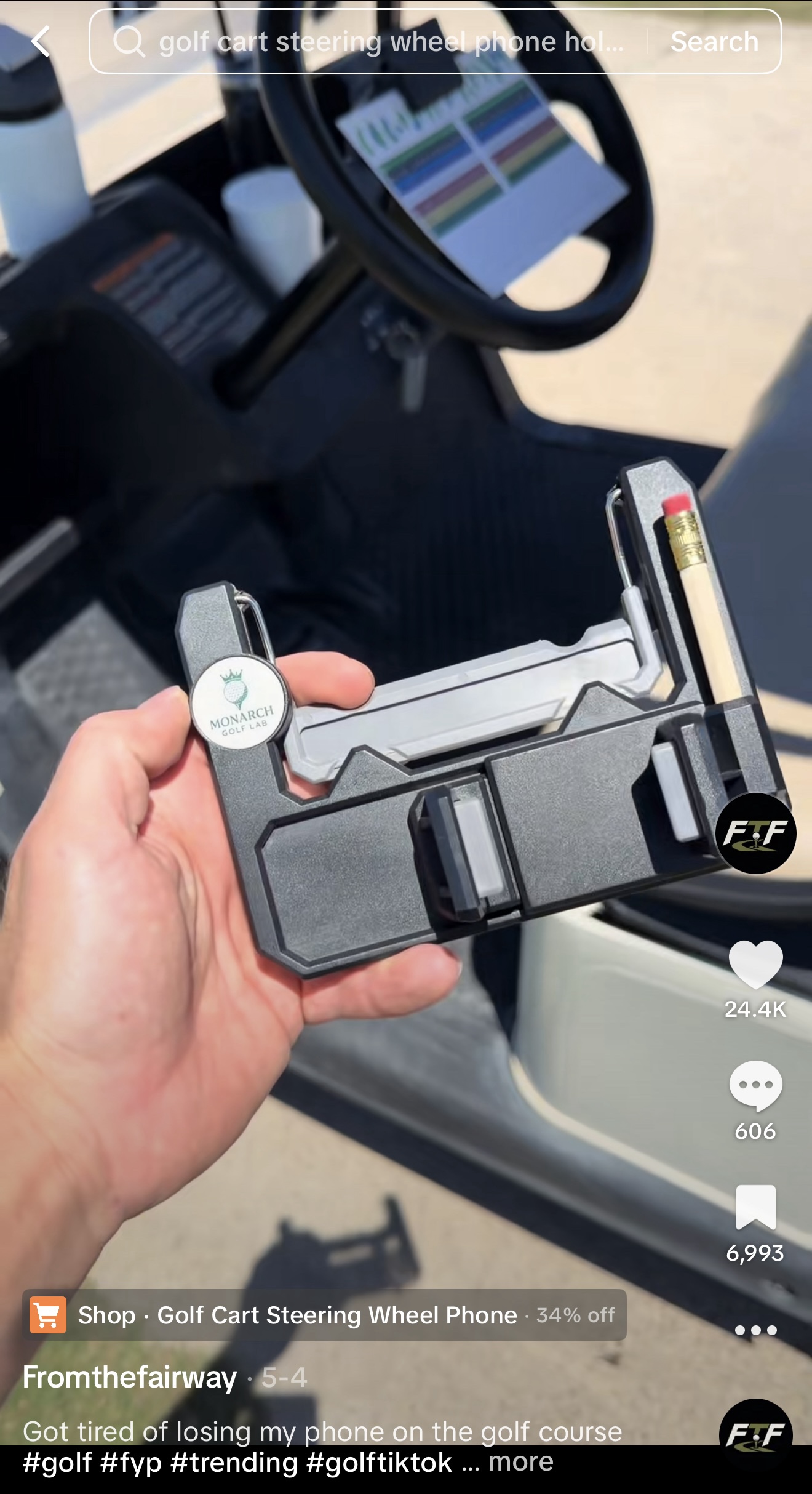 Social post showing the Monarch Golf Lab steering wheel mount