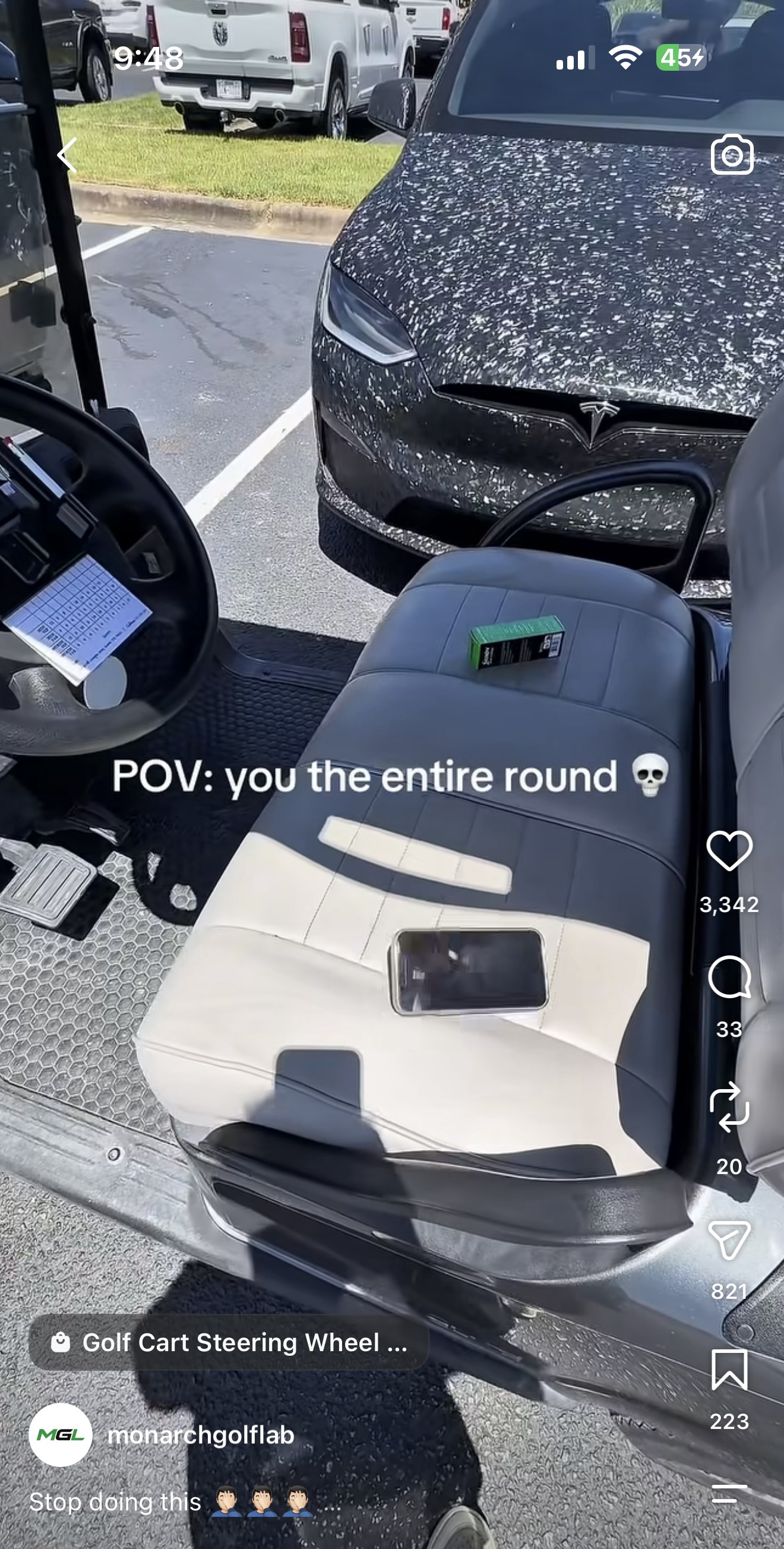 Social post showing the Monarch Golf Lab steering wheel mount