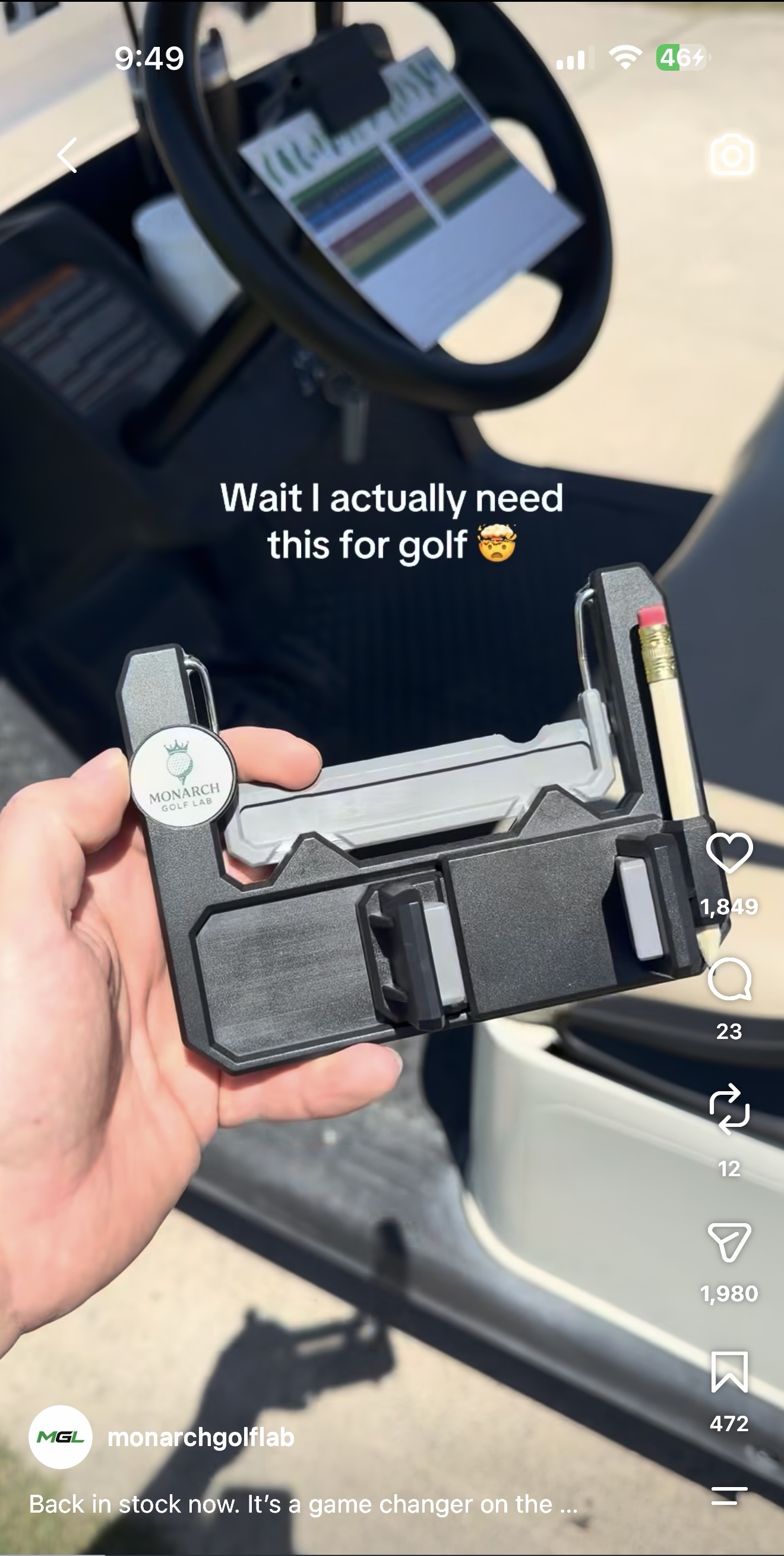 Social post showing the Monarch Golf Lab steering wheel mount