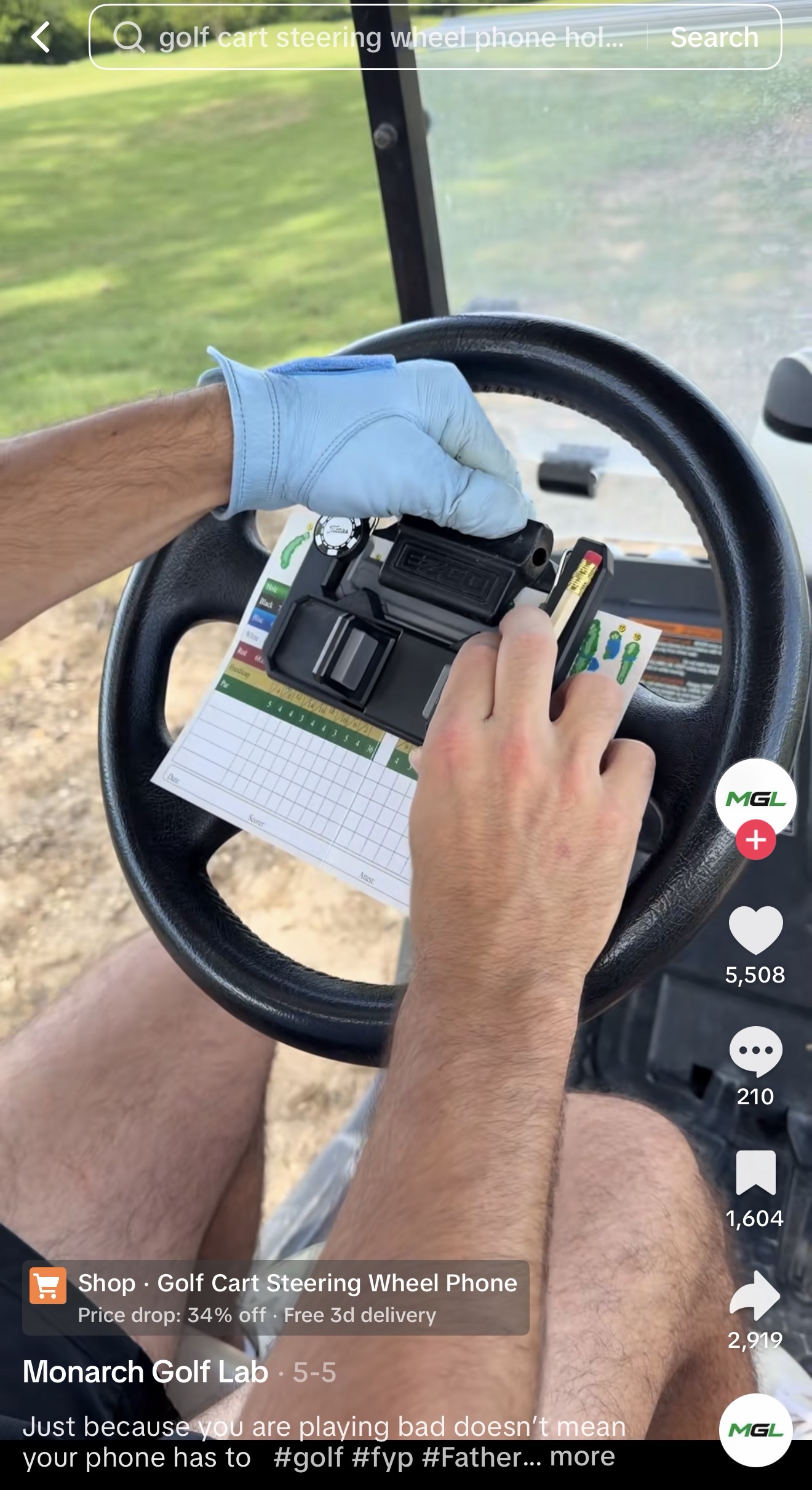 Social post showing the Monarch Golf Lab steering wheel mount