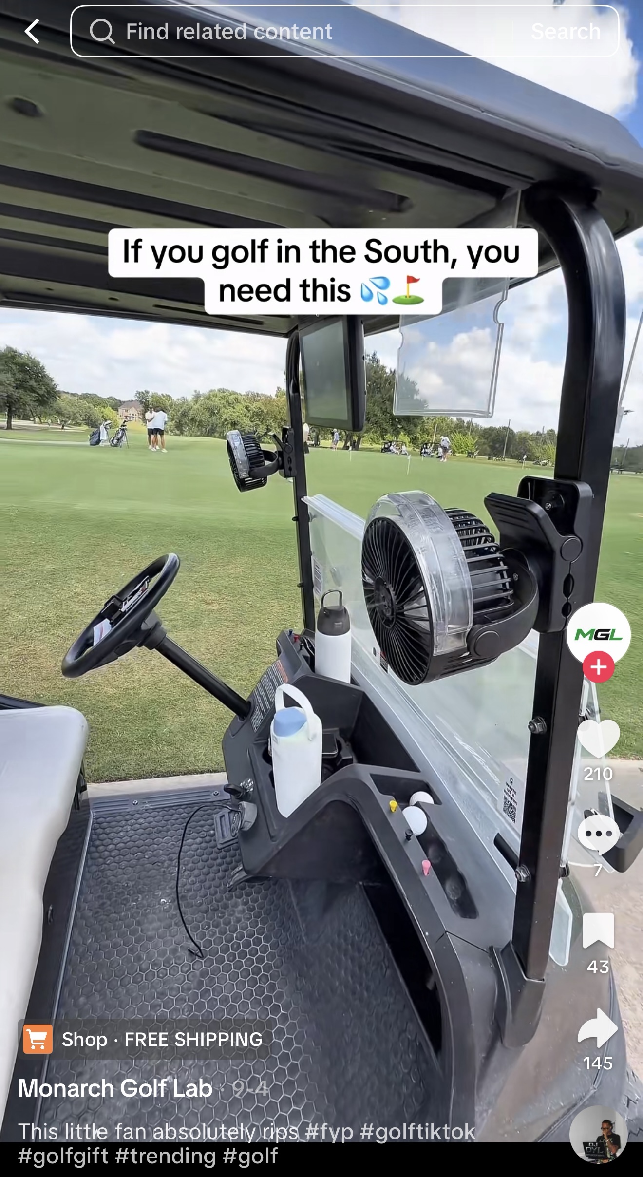 Social post showing the Monarch Golf Lab misting fan