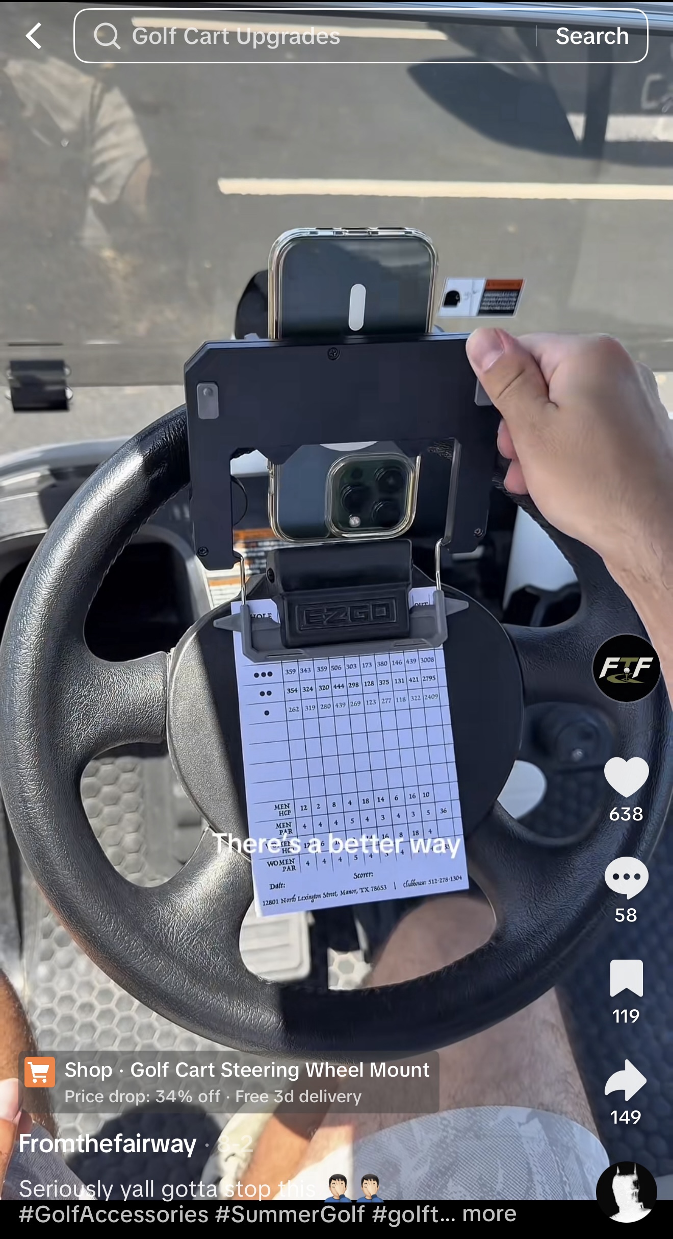 Social post showing the Monarch Golf Lab steering wheel mount