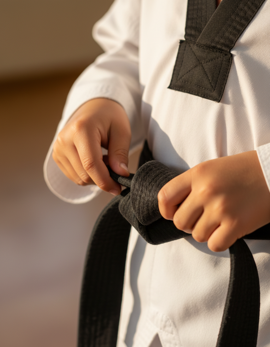 Young student tying their Taekwondo belt
