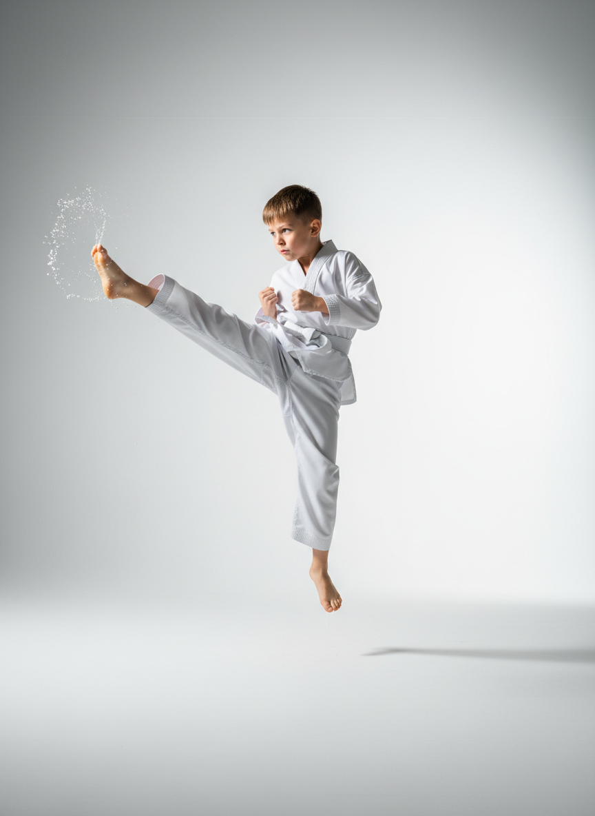 Young Taekwondo student performing a powerful kick