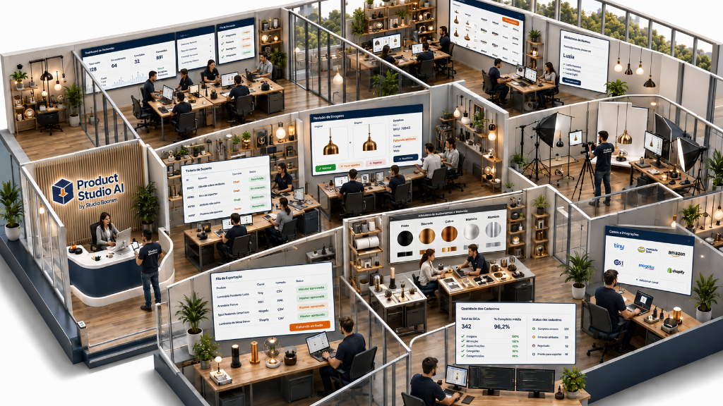 Operação organizada do Product Studio AI - escritório com múltiplas áreas de trabalho integradas