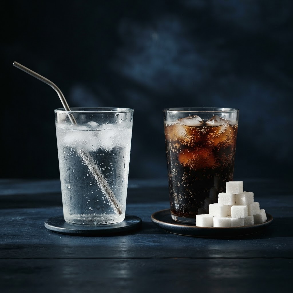Vergleich zwischen einem Glas Wasser und einem zuckerhaltigen Softdrink